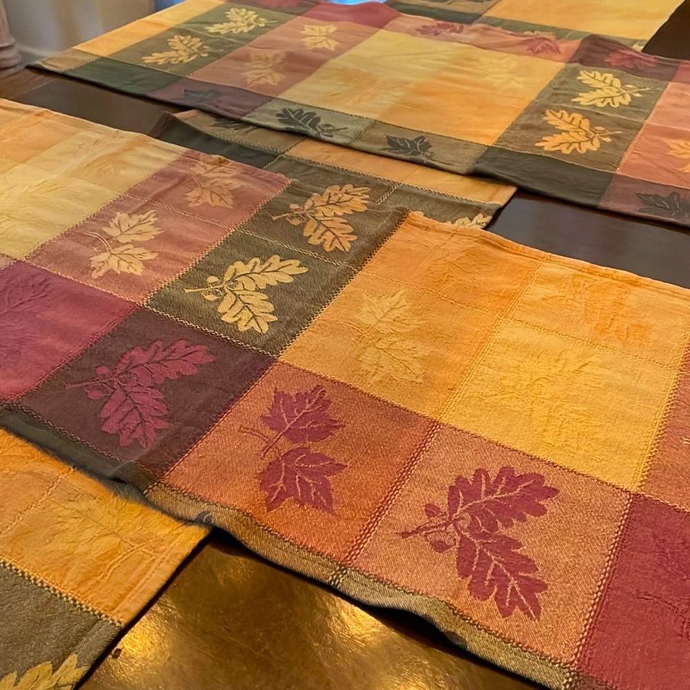 Set-of-3 Table Runners, Autumn/Fall colors and leaf design, each ~ 76”X 18”